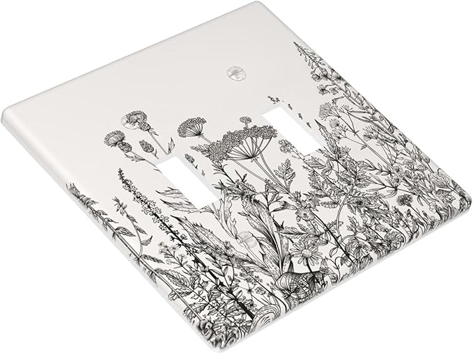 Gray Vintage Floral 2-Gang Double Toggle Switch Plate, Neutral Cottage Garden Retro Wildflower Wall Plate for Home, Bedroom, Sunroom & Bathroom