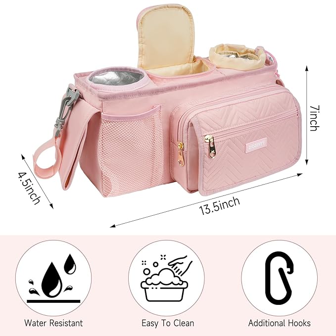 Universal Stroller Organizer with Insulated Cup Holders,Large Capacity Non-Slip Stroller Caddy Bag Fits for Uppababy/Doona/Jogger/Britax/Mompush/BoB with Anti-Sag Hard Bottom and Wet Wipes Pocket