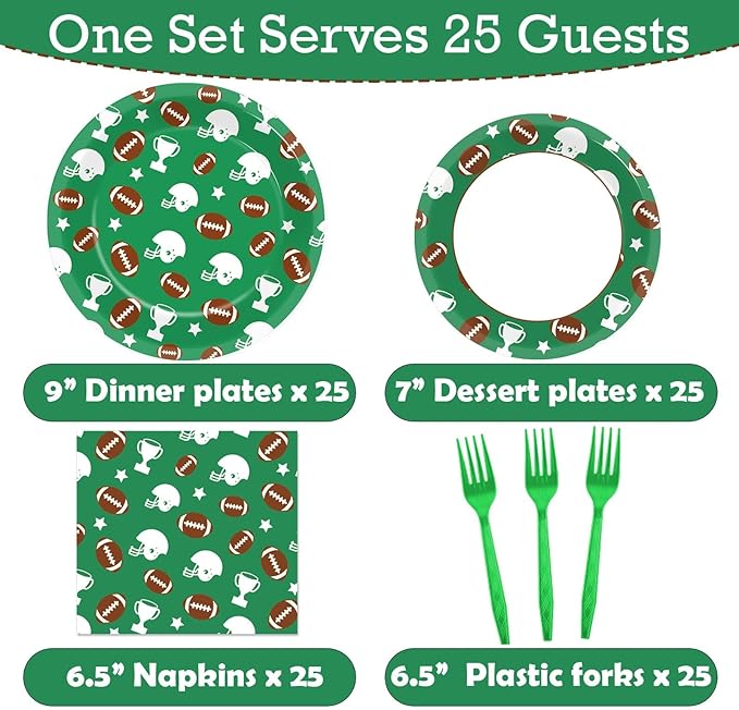 100 Pcs Football Party Plates Napkins Sports Rugby Party Decorations Disposable Paper Supplies Football Dessert Cake Dinnerware Tableware Football Theme Boys Baby Shower Birthday Party Favor Serves 25