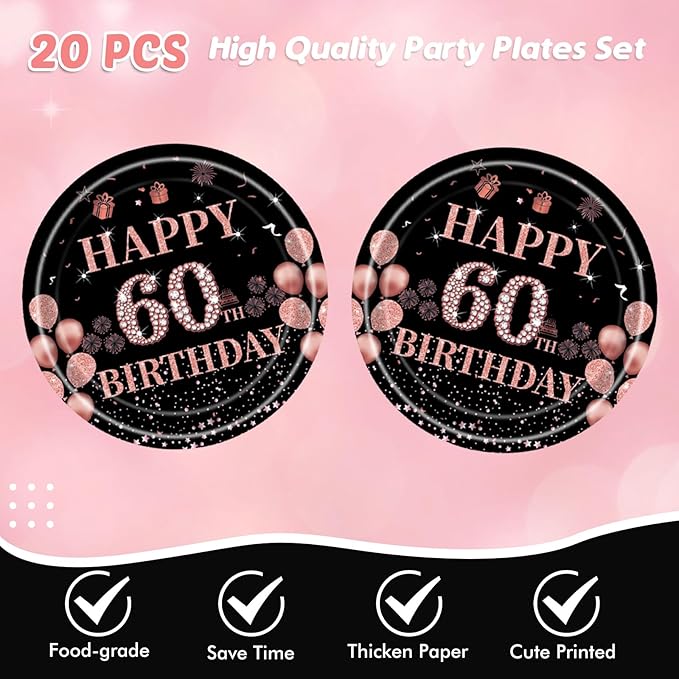 41Pcs 60th Birthday Decorations for Women, Vintage 60 Birthday Black and Rose Gold Disposable Paper Plates and Napkins Party Supplies for 20 Guests, 41Pcs Include 7" Plates Napkins and Tablecloth