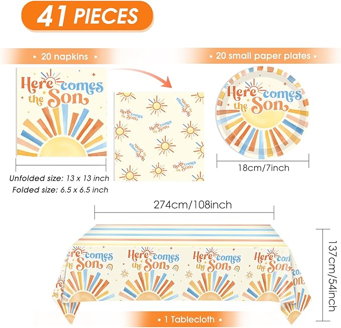 Here Comes The Son Baby Shower Decorations,Boho First Trip Around The Sun Party Supplies,Disposable Dessert Plate,Napkin,Tablecloth for It's A Boy Gender Reveal,Sun You Are My Sunshine Baby Shower