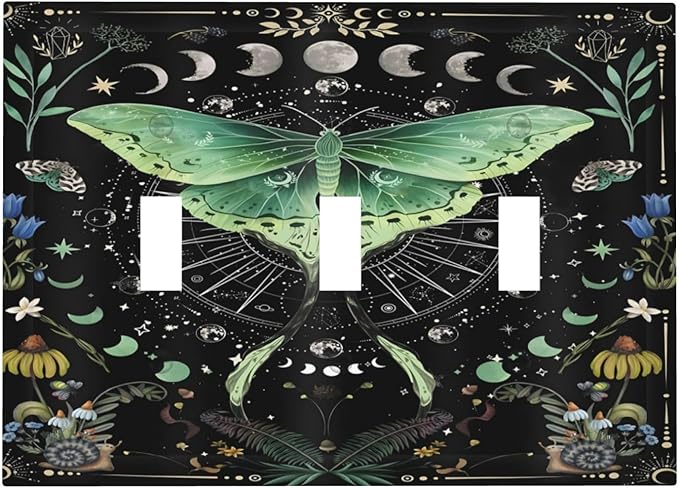 Moon Phase Butterfly Wildflower Plant Mysterious Night Moonlit Decorative Switch Plates 3 Gang Wall Plate Triple Toggle Light Switch Cover Faceplate Electrical Wall Panels for Bedroom Living Room