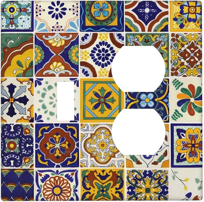 Talavera Kitchen Mexican Tile Combination 1-Toggle 1-Duplex Receptacle 2 Gang Wall Plate, Yellow/Blue Moroccan Mexico Mosaic 2 Gang Combo Single Toggle/Light Switch One Duplex Outlet Faceplate Cover