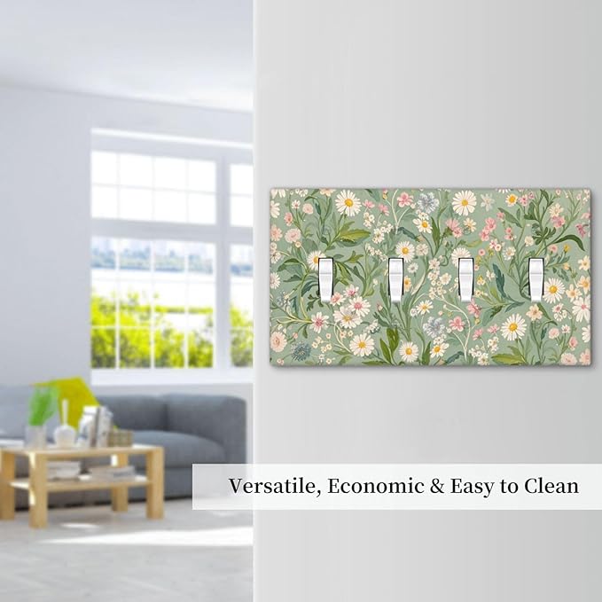 Decorative Switch Plate Cover with Vintage Wildflowers & Daisies on Light Green Background Design 4 Gang Artistic Wall Plate Unique Quad Toggle Light Switch Covers