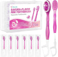 12 Pack 5 in 1 Disposable Mini Toothbrushes with Toothpaste, Floss, Pick & Tongue Scraper, Individually Wrapped, Portable Toothbrush Travel Set for Kids Adults, Sakura Flavor