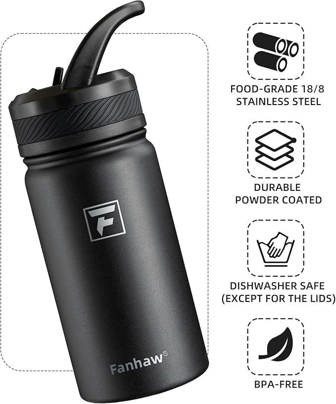 Fanhaw 14 Oz Kids Insulated Water Bottle with Straw Lid – Stainless Steel Double Wall Vacuum, Leak-Proof, BPA-Free Water Bottles for School Boys & Girls(Black)