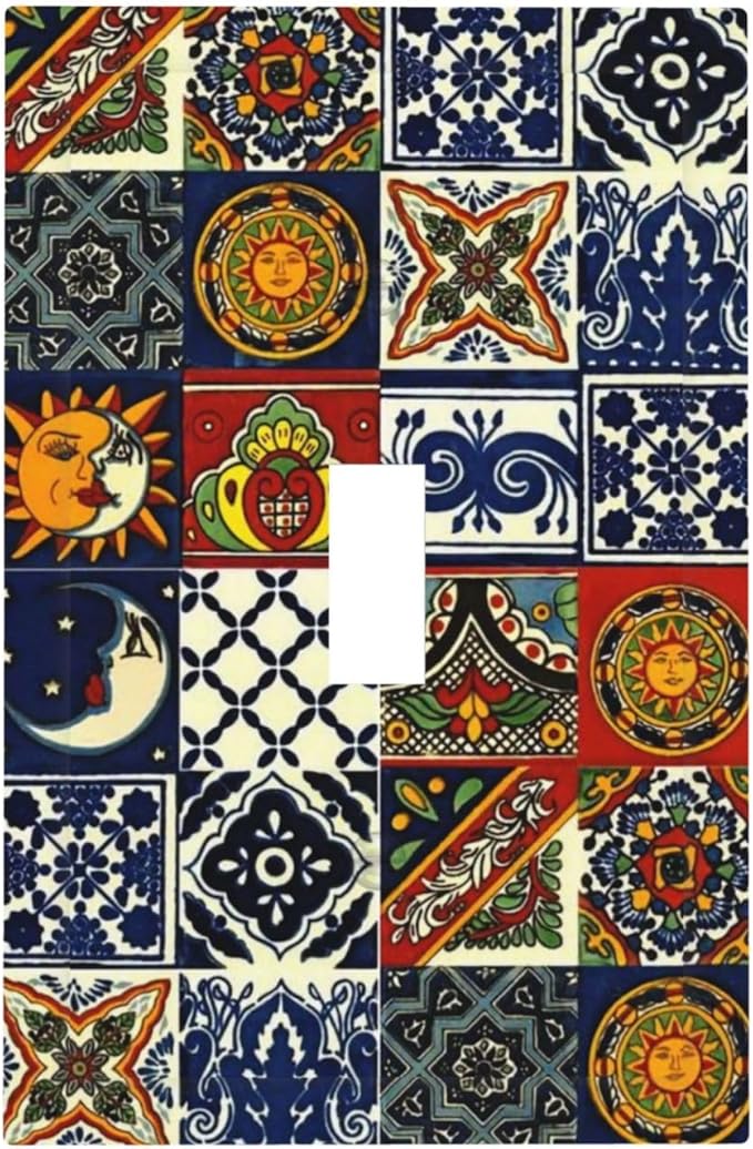 Kitchen Blue/Red Boho Sun Mexican Talavera Tile Decorative Light Switch Cover 1-Gang Bohemian Moroccan Mosaic Tiles Single Toggle Wall Plate Electrical Device Outlet Switch Faceplate Cover Jumbo Size