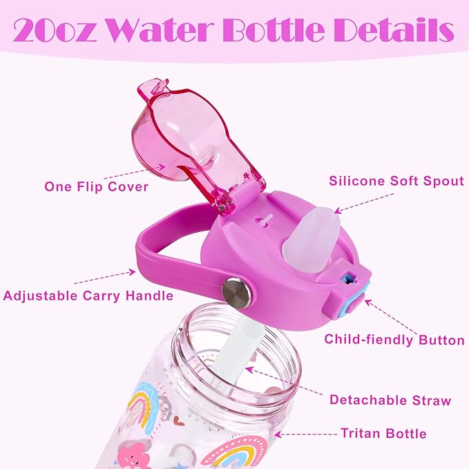 Queenshin Girls Rainbow Water Bottle for School 20oz BPA-Free Tritan Outdoor Kids Sports Water Cup Leak Proof with Straw Lid Handle Pop-Up Spout Cover