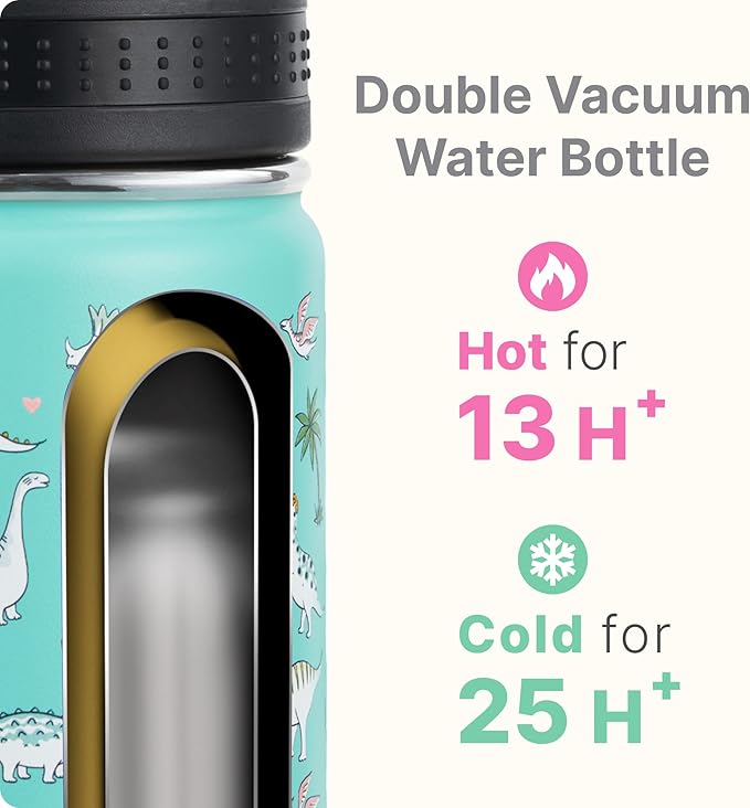 Small Water Bottle-12 oz Water Bottles for School, Stainless Steel Double Wall Insulated Water Bottle BPA Free, Lightweight, Gifts for Boys, Girls-Dinosaur