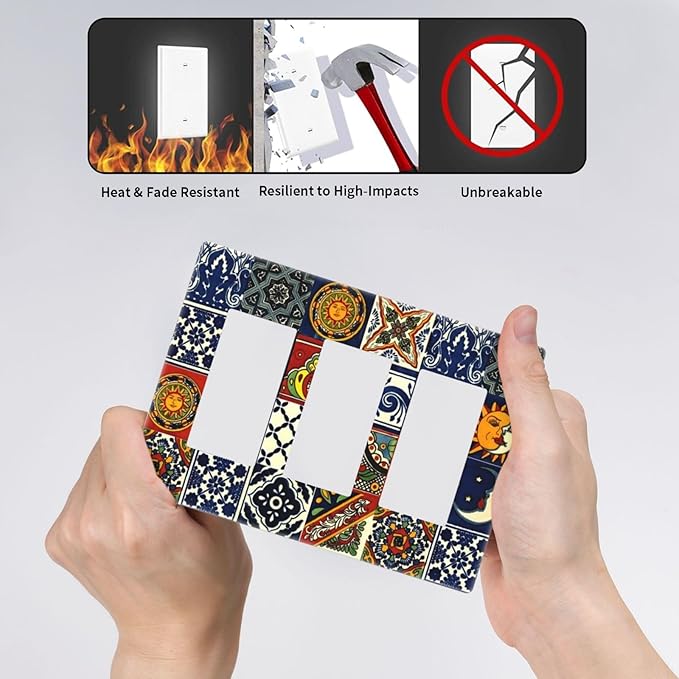 Boho Moroccan Mandala Mexican Tiles Triple Decorator Light Switch Cover 3 Gang GFCI/Rocker Wallplate Decorative Electrical Faceplate Switchplate Dimmer Screwless