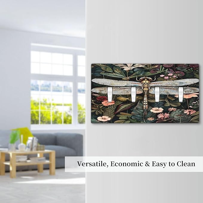Vintage Dark Green Dragonfly Flowers Floral Botanical Light Switch Covers Quad Toggle Electrical Faceplate 4 Gang Wall Plate Decorative Switch Plates Cover for Farmhouse Home Decor