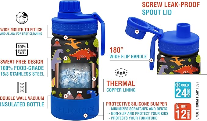 CHILLOUT LIFE 12 oz Kids Insulated Water Bottle for School with Leakproof Spout Lid and Cute Waterproof Stickers, Personalized Stainless Steel Thermos Flask Metal Water Bottle For Girls & Boys