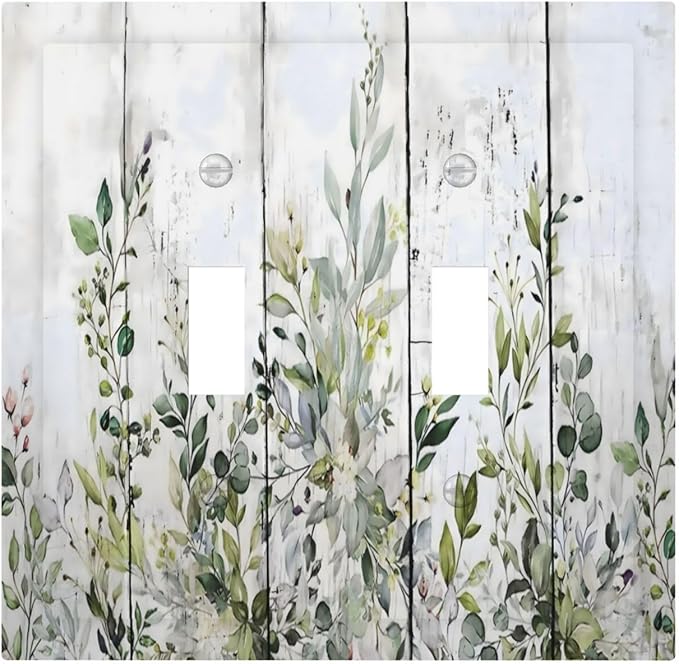Sage Green Eucalyptus Rustic Country Botanical Leaf Flower Decorative Switch Plates 2 Gang Double Toggle Outlet Light Switch Cover Wall Plate Electrical Faceplate for Farmhouse Bedroom Decor