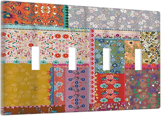 Light Switch Cover Boho Patchwork Bohemian Stitching Colorful Floral 4 Gang Switch Plate Quad Toggle Wall Plates Decorative Switchplate Electrical Outlet Cover Plates for Bathroom Home Decor