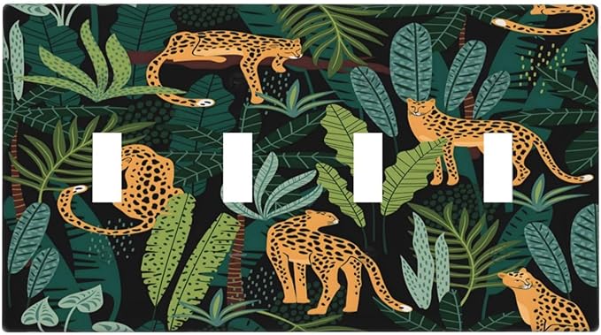 Jungle Cheetah Tropical Wildlife Leopard Green Palm Leaf Light Switch Covers Quad Toggle Electrical Faceplate 4 Gang Wall Plate Decorative Switch Plates Cover for Farmhouse Home Decor