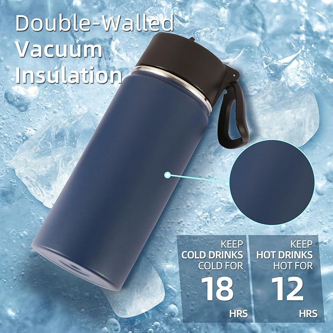 Volhoply 16 OZ Kids Water Bottle Bulk 2 Pack,Insulated Sports Bottles with Straw Lid,Stainless Steel Bottle with Handle Keep Cold & Hot,Double Wall Vacuum Tumbler Cups for School,Girls(Navy, 2)