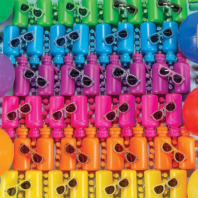 Fun Express Kids Water Bottles Bulk 12 Pack - BPA Free Plastic 18 oz Leak Proof Squeeze Bottles with Pop Top Lids & Straps | Perfect for School, Sports Teams, Birthday Parties & Fundraising Events