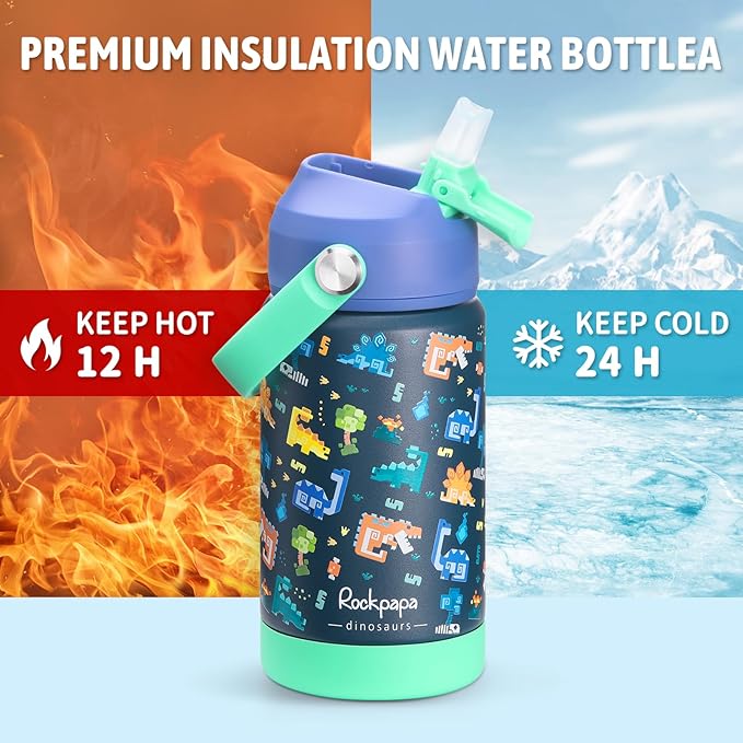 rockpapa 14 oz Kids Insulated Water Bottle，Stainless Steel Toddler Cups with Straws, BPA Free, Leak-Proof, Kids Water Bottle for School Boys& Girls (Blue Dinosaur)