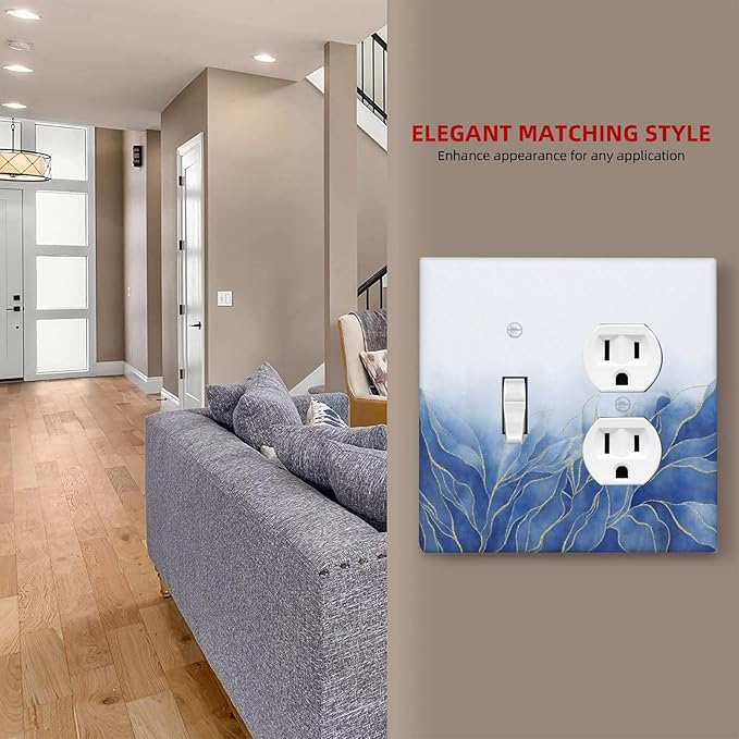 Outlet Covers Blue Gold Leaf Marble Modern Abstract 2 Gang Decorative Switch Plates 1 Toggle Duplex Combo Light Switch Cover GFCI Socket Cover WallPlates for Kitchen Bathroom Decor
