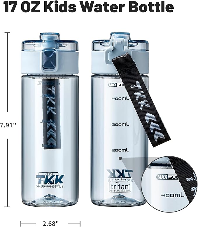 TKK Sports Water Bottle, 17oz Tritan Kid Jug with Leak Proof Lid & Handle Strap & Built-In Infuser - BPA-Free, Easy-Clean Design for Gym, Office & Outdoor Travel, Blue