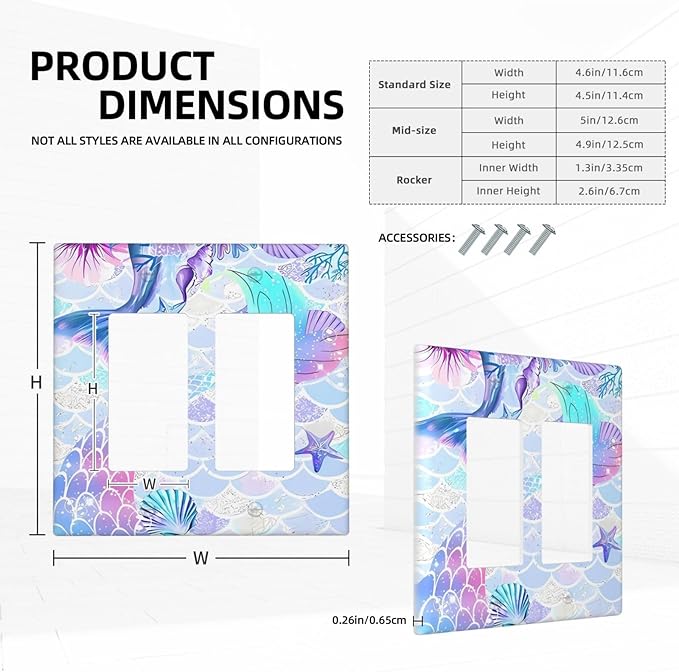 Mermaid Girl Light Switch Cover Plates Decorative 2 Gang Double Rocker Wall Plate Electrical Switchpalte Faceplate for Kid Bedroom Home Bathroom Decor 4.5" x 4.5"