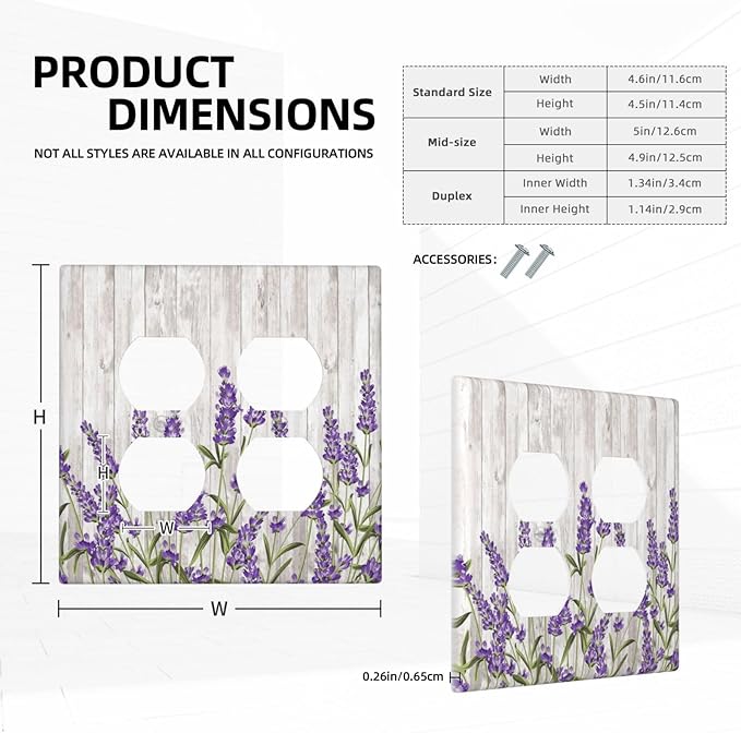 Purple Lavender Rustic Wooden Flowers Floral Plant Outlet Covers 2 Gang Double Duplex Decorative Light Switch Covers Electrical Wallplates Socket Faceplate for Farmhouse Living Room Decor