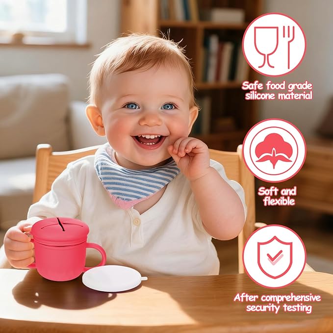 Toddler Snack Containers Stainless Steel Spill-Proof Snack Containers for Toddlers with Spill-Proof Silicone Lids and Handles 4-in-1 Baby Snack Cup is Dishwasher Safe for Easy use On The Go（Red）