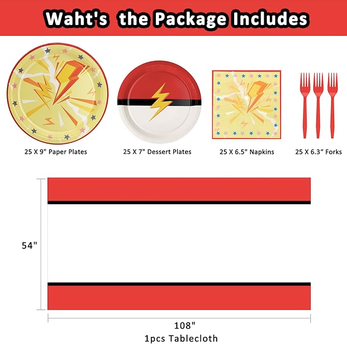 Cartoon Animation Plates and Napkins Party Supplies | 25 7inch Dessert Plates | 25 9inch Disposable Plates | 25 Napkins | 25 Forks | 1 Tablecloth Boy Girl Birthday Games Themed Party Tableware