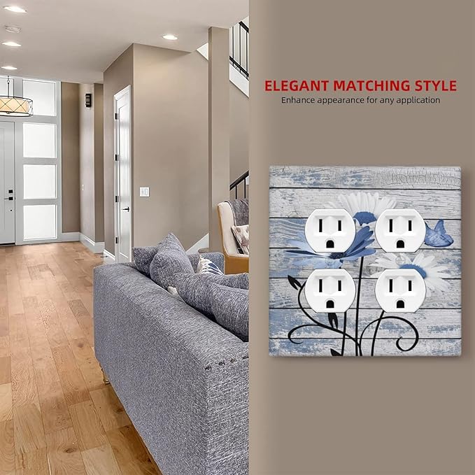 Blue White Daisy Flower Butterfly Rustic Wood Board Outlet Covers 2 Gang Double Duplex Decorative Light Switch Covers Electrical Wallplates Socket Faceplate for Farmhouse Bedroom Decor
