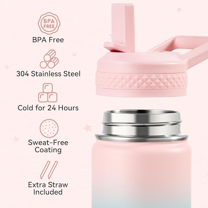 Fijinhom12 oz Kids Water Bottle, Toddler Water Bottle with Straw, Boys&Girls Bottle for School, 304 Stainless Steel Vacuum Insulated Bottle for Kids, BPA-Free, Leak-Proof, Bubble