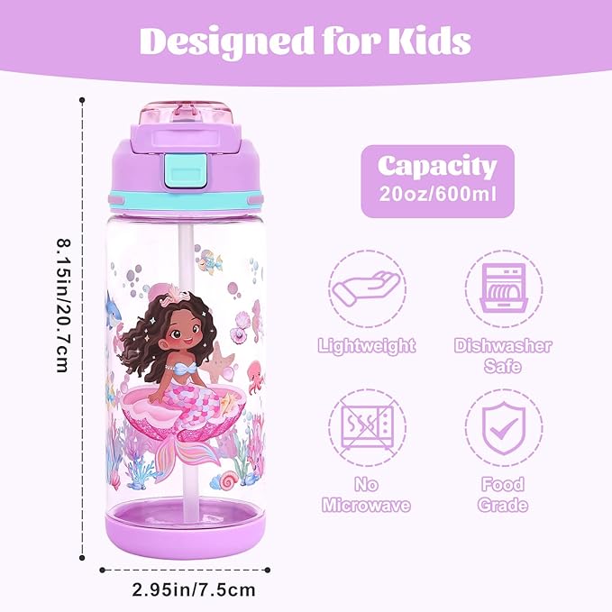 decalsweet Kids Water Bottle 20oz Durable Leak-Proof Plastic Water Cup for Kids Toddlers,With Straw Handle and Pop-Up Spout Cover,Safe for School Sports Daycare Travel & Camp