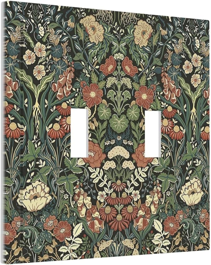 Decorative Switch Plates Vintage Dark Floral William Morris Green Flower 2 Gang Double Toggle Outlet Light Switch Cover Wall Plate Electrical Faceplate for living Room Home Decor