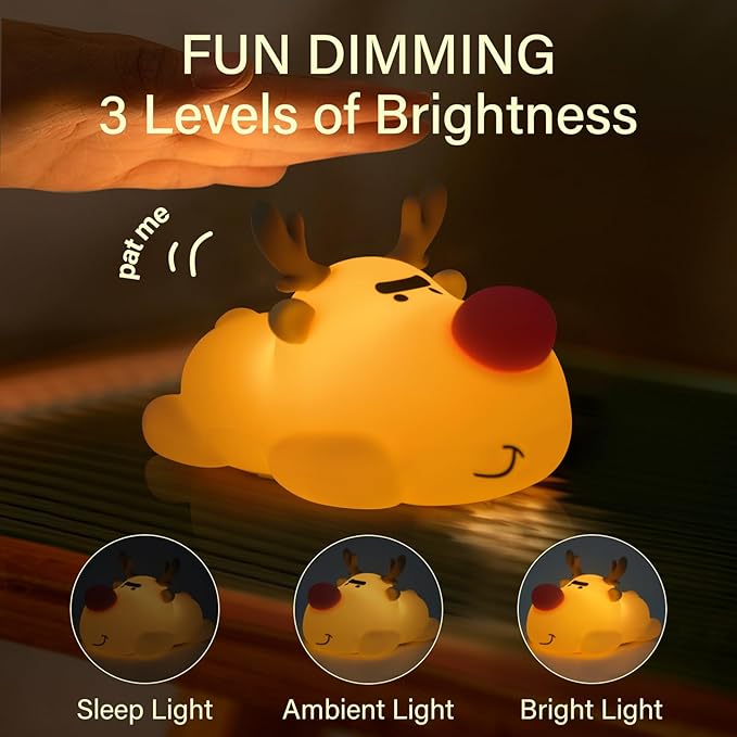 Reindeer Night Light, Soft Squishy Silicone Kids Nightlight, 3 Level Dimmable Touch Lamp with Timer, 1200mAh USB Rechargeable Baby Nursery Lamp, Xmas Gifts Kawaii Bedroom Decor