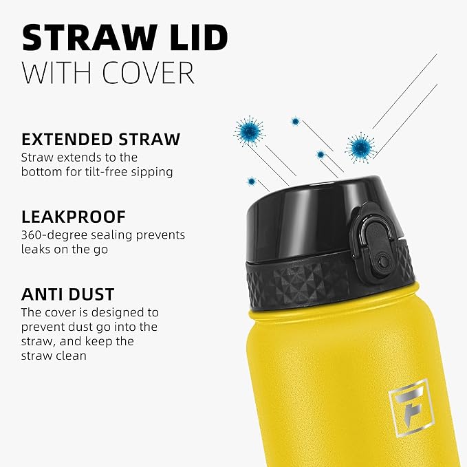 Fanhaw 40 oz Insulated Stainless Steel Water Bottle with Straw Lid, Leakproof Extra-Large Sports Bottle for Men & Women (Yellow)