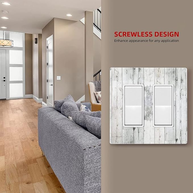 Grey White Wood 2 Gang Double Rocker/Decor Light Switch Cover Decorative Outlet Wall Plate Electrical Faceplate Home Bedroom Art Panel Decor Screwless 4.7" x 4.6