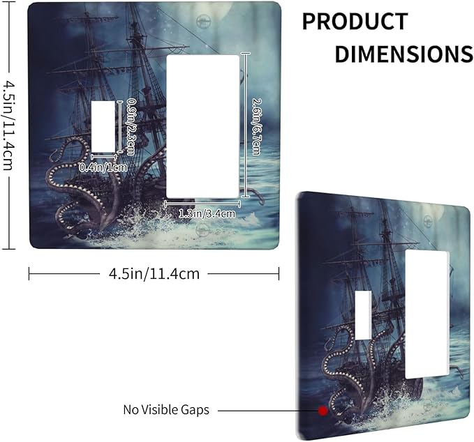 Octopus Ocean Kraken Nautical Pirate Ship 2 Gang Single Toggle Rocker Combination Light Switch Cover Unique Decorative Wall Plate Cover Electrical Faceplate Switchplate for Kitchen Bathroom Decor