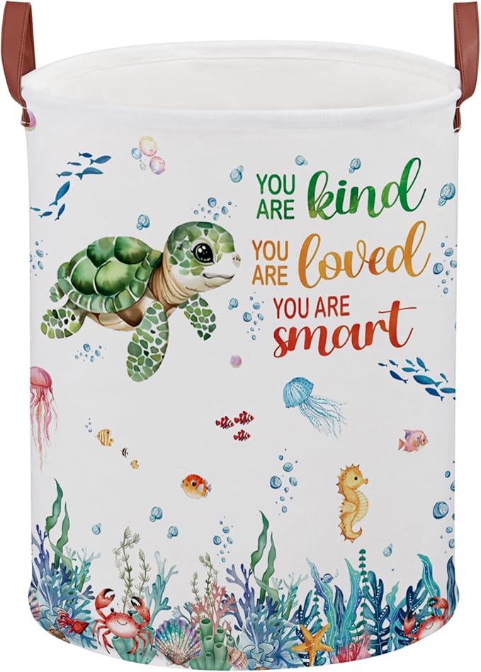 Turtle Kid Laundry Basket 45L,Ocean Themed Bedroom Decor Baby Clothes Hamper,Fish Under The Sea Nursery Decor Beach Pool Towel Storage Bin Pool Toy Box (Blue)
