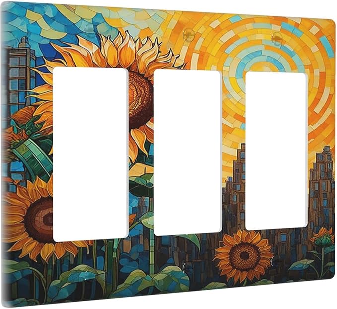 Abstract Sunflower Graffiti Floral Paint Art Flower Light Switch Covers 3 Gang Rocker Decorative Triple Outlet Wall Plate Cover Switchplate Electrical Gfci for Bedroom Living Room Decor