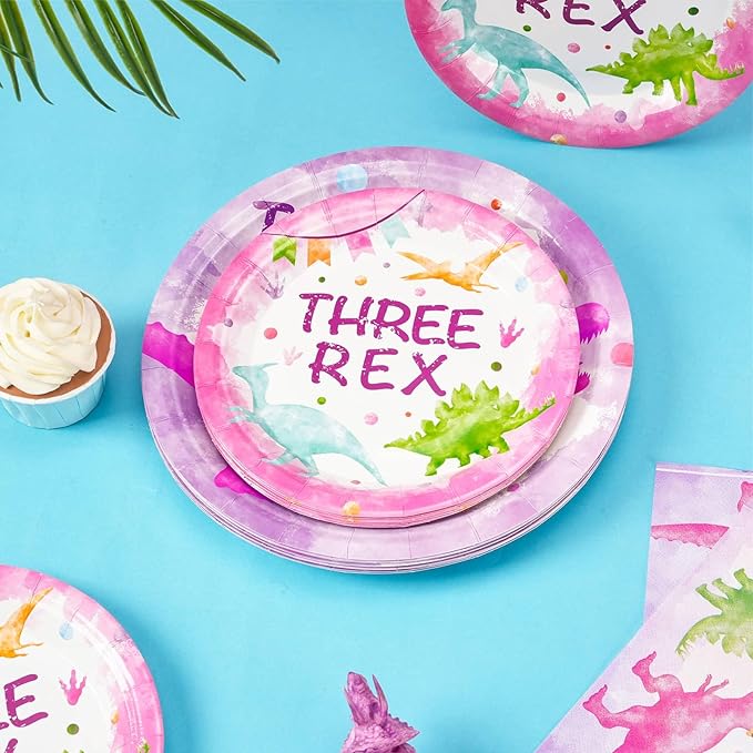 WERNNSAI Three Rex Birthday Decorations - 48 PCS 3rd Plates and Napkins Pink Dinosaur Birthday Decorations Dino Party Supplies Dinosaur Party Favors for Girls Serves 16 Guests