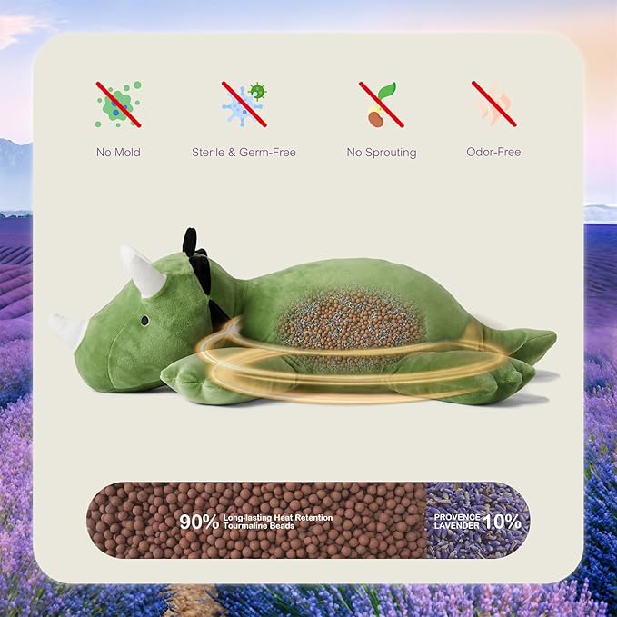 KOWSI® Microwavable Heating Pad Green Triceratops Plush - 1.4 Lb Weighted Stuffed Animal Toy with Tourmaline Beads & Lavender - 16" Squished Long Dinosaur Pillow - Lumbar Back Cushion Lasting Warmth