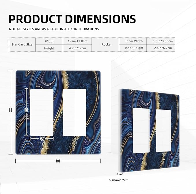 Navy Blue Marble Light Switch Cover 2 Gang Rocker Decorative Double Decor Wall Plate Electrical Switchplate GFCI Faceplate for Boys Men Bathroom Kitchen Home Art Panel Decor Screwless 4.7" x 4.6