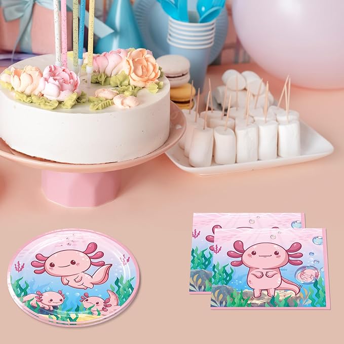 41Pcs Pink Axolotl Birthday Party Supplies Reptile Animals Theme Tableware Set Cartoon Axolotl Party Disposable Plates,Napkin,Tablecloth丨Baby Shower Boys Girls Birthday Decorations Supplies,Serves 20
