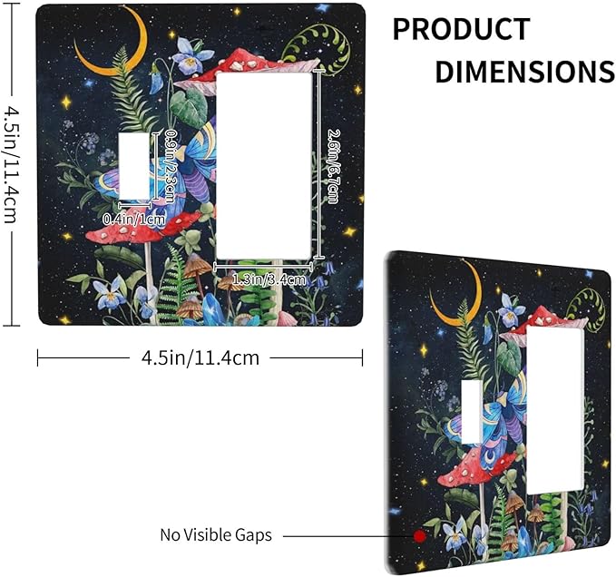 Boho Butterfly Mushrooms Snail 2-Gang 1-Toggle 1-Decorator/GFCI Device Combination Wallplate Starry Moon Night Stars Botanical Moth Dual Combo Toggle Receptacle Outlet Light Switch Cover Face Plate
