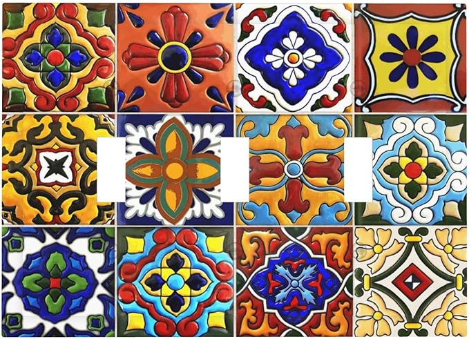 Vintage Colorful Boho Mexican Moroccan Tile Decorative Switch Plates 3 Gang Wall Plate Triple Toggle Light Switch Cover Faceplate Electrical Wall Panels for Farmhouse Home Decor