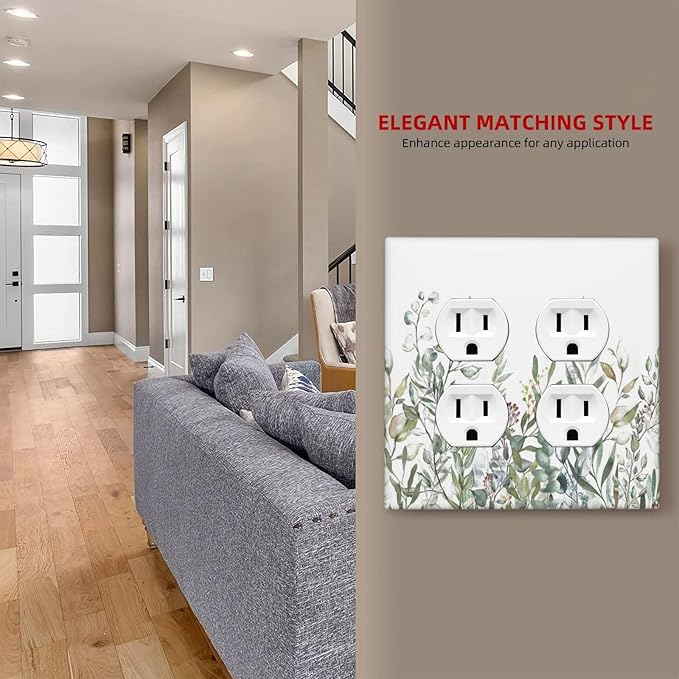 Wildflower Garden Rustic Green Leaf Floral Outlet Covers 2 Gang Double Duplex Decorative Light Switch Covers Electrical Wallplates Socket Faceplate for Bed Room Living Room Decor