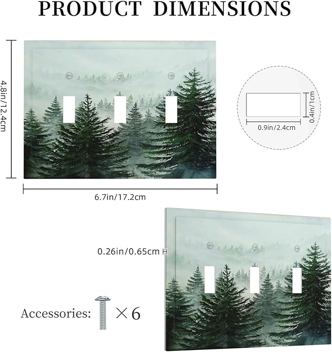 Forest Pinetrees Misty Landscape Nature Decorative Switch Plates 3 Gang Wall Plate Faceplate Electrical Wall Panels Triple Toggle Light Switch Cover for Bedroom Farmhouse Decor