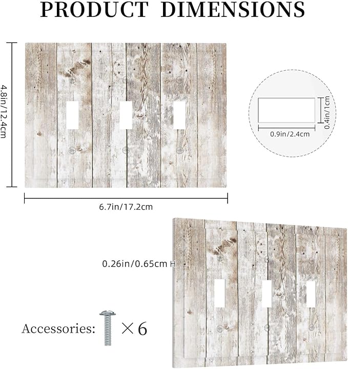 Vintage Light Wood Retro Rustic White Gray Oak Print Decorative Switch Plates 3 Gang Wall Plate Triple Toggle Light Switch Cover Faceplate Electrical Wall Panels for Farmhouse Home Decor
