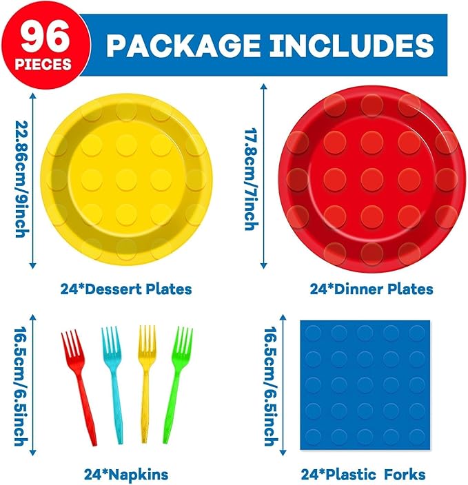 96Pcs Building Block Plates and Napkins Birthday Party Supplies Bricks Paper Dessert Plates Forks Building Block Tableware Set Disposable for 24 Guests Kids Boys Birthday Baby shower Party Decorations