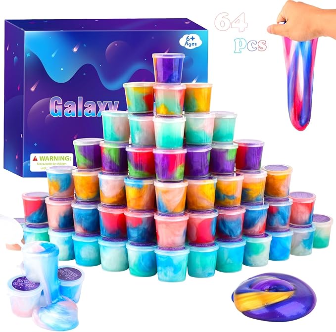 64 Pack Mini Bulk Galaxy Slime Kit Party Favors, Stretchy, Stress Relief, and Safe for Girls and Boys Classroom Reward, Easter Party Supplies,End of Year Student Gifts