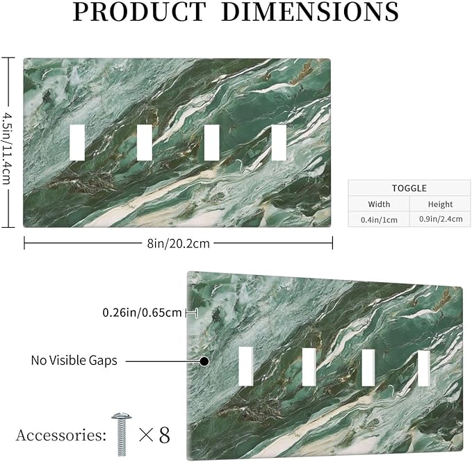 Decorative Switch Plate Cover with Modern Luxury Green Marble Texture Design 4 Gang Artistic Wall Plate Unique Quad Toggle Light Switch Covers for Kitchen Bathroom Decor